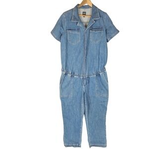 Gap Maternity Coveralls Size Large Blue Denim Short Sleeve Utility Jumpsuit